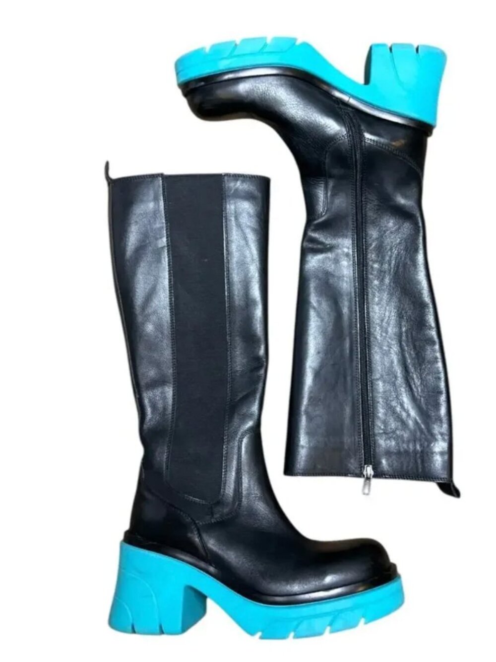 Steve Madden Dacy Tall Leather Boots Blue Black Chunky Platform size 9 Shoes - Picture 2 of 9